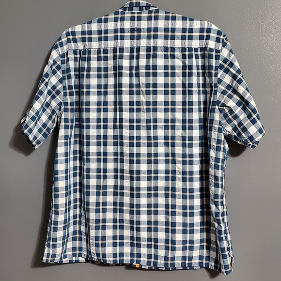 Orvis Plaid Button Down Short Sleeve Shirt Teal Blue White Linen Blend Size XL - Picture 3 of 6